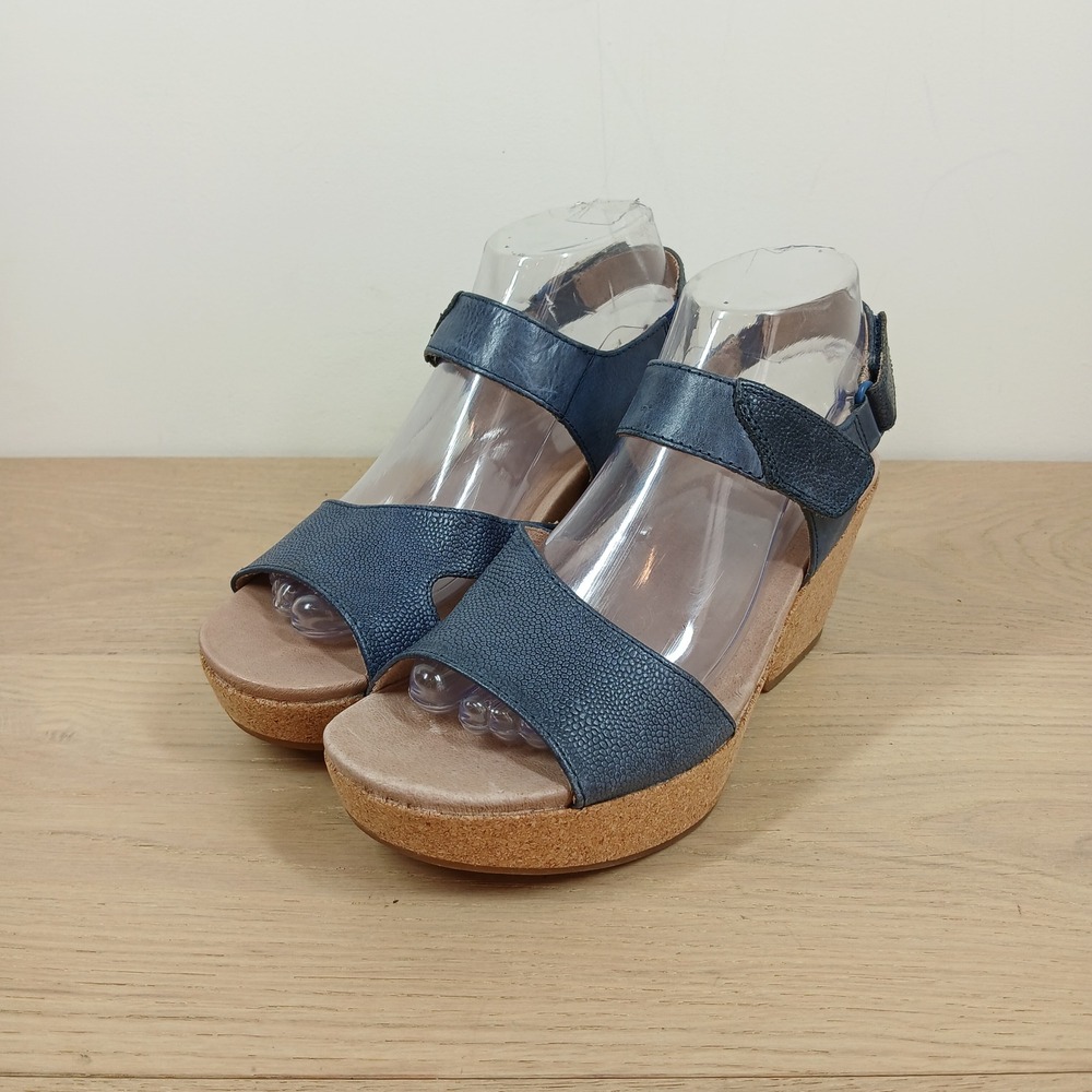 Earth Blue Leather Cork Wedge Sandals Platform Ankle Strap Womens Size 39 8.5-9